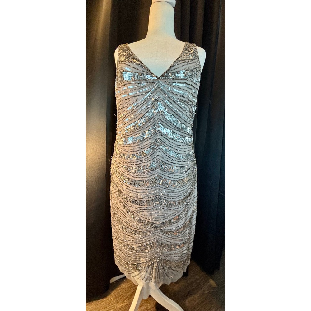 Patra Vintage Sequin Beaded Cocktail Dress Silver Art Deco Gatsby Sz 16 RN 65518